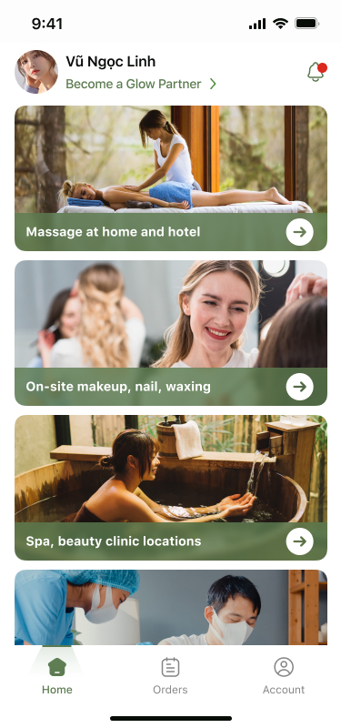 Home page of Glow massage application at home